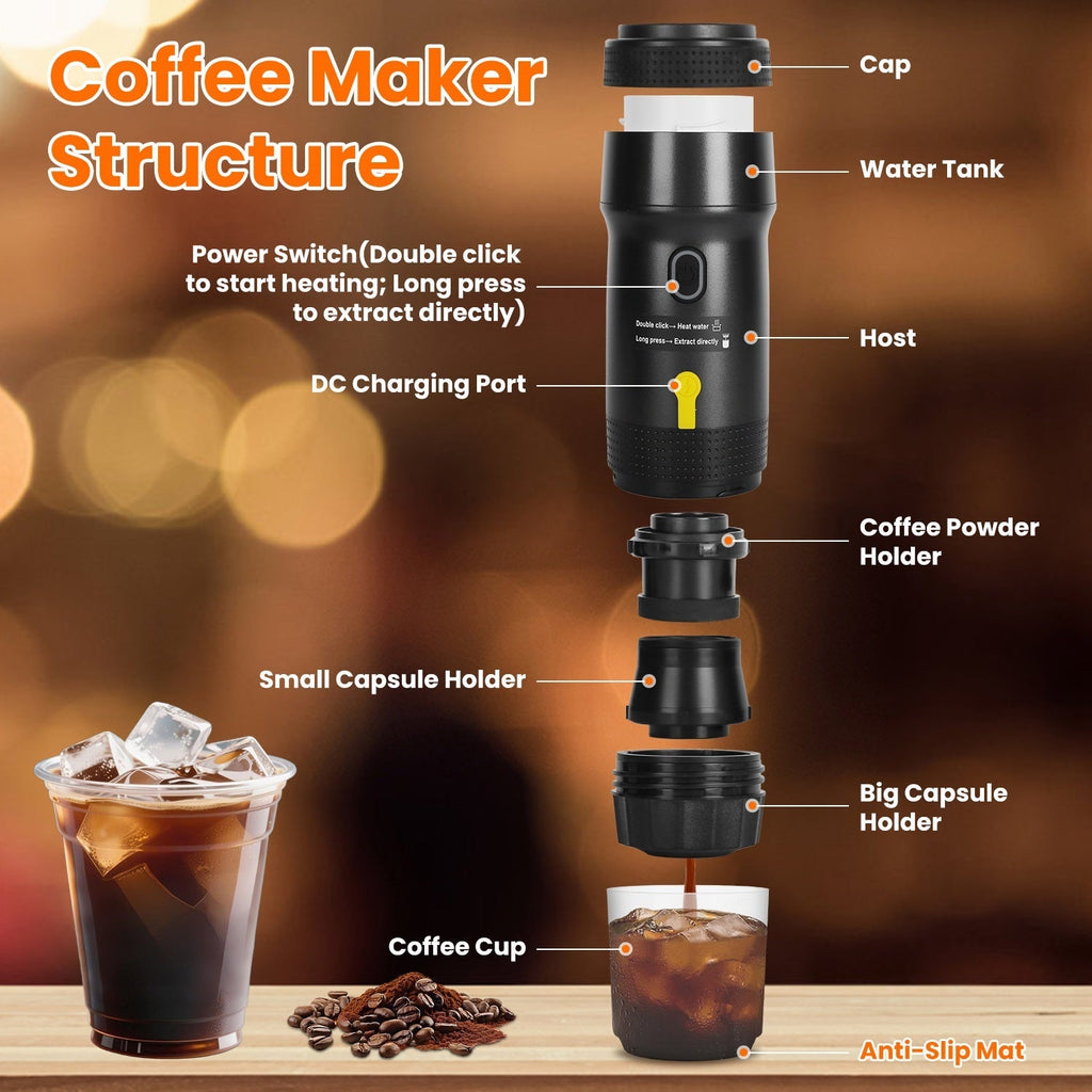Portable Espresso Maker – Cordless Self-Heating Coffee Machine for Travel & Car